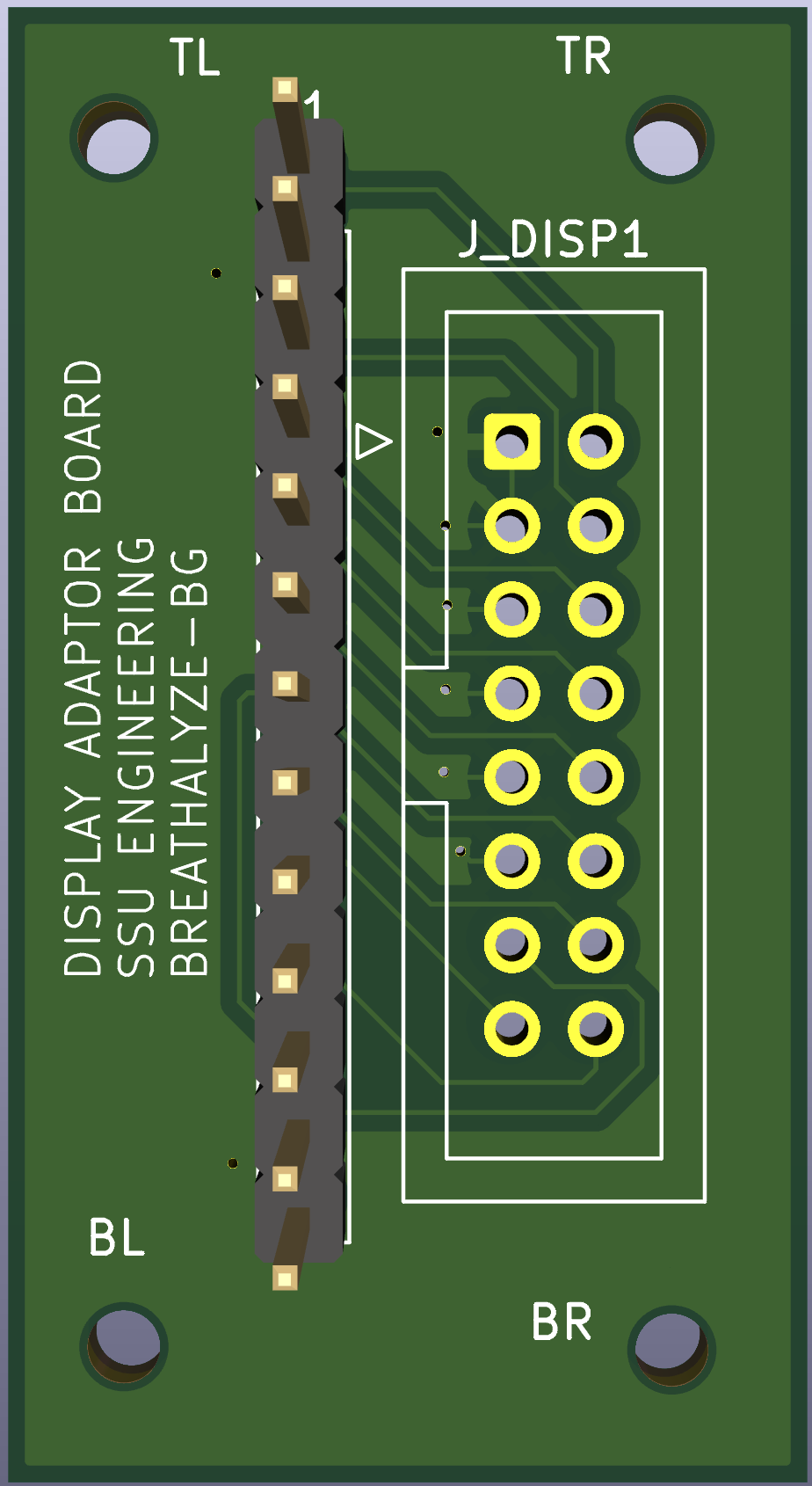 Populated-side render of the display adapter PCB